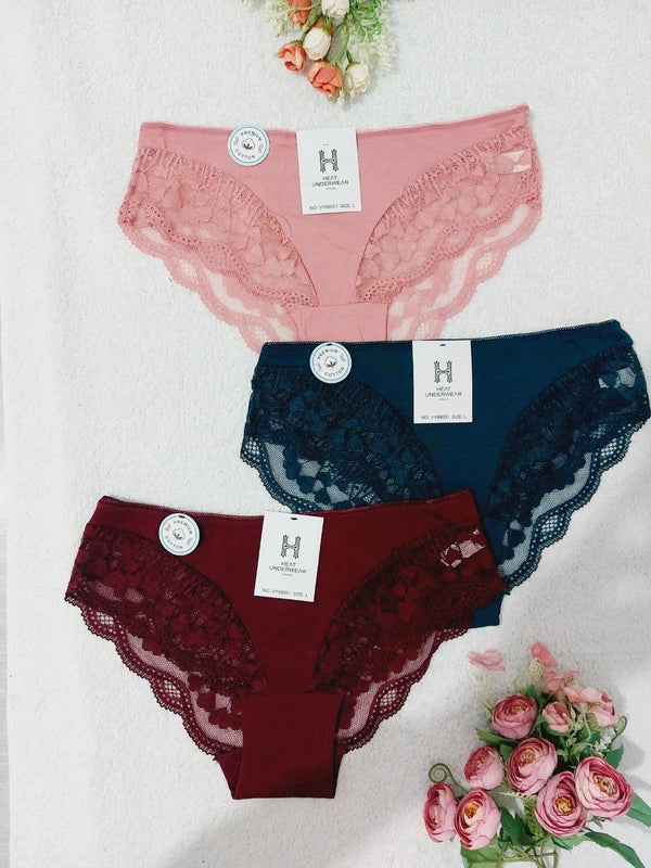 Set of 3 ladies panties, burgundy, green, salmon pink, cotton and stretch lace