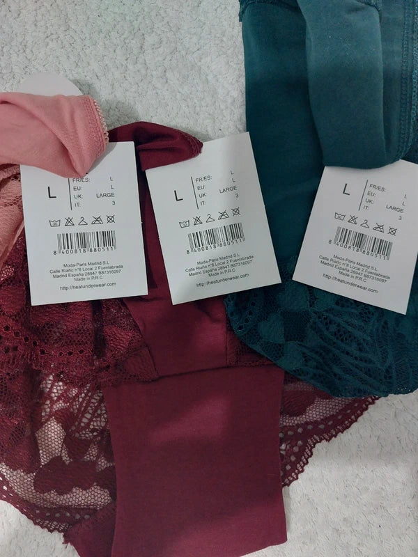 Set of 3 ladies panties, burgundy, green, salmon pink, cotton and stretch lace