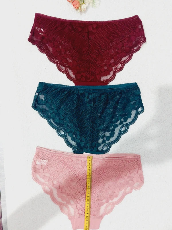 Set of 3 ladies panties, burgundy, green, salmon pink, cotton and stretch lace