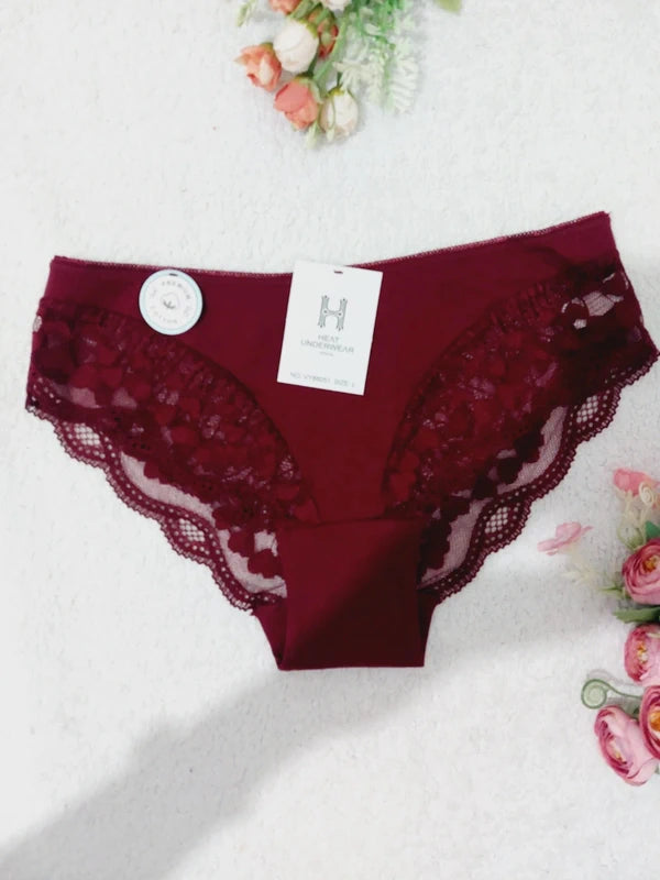Set of 3 ladies panties, burgundy, green, salmon pink, cotton and stretch lace