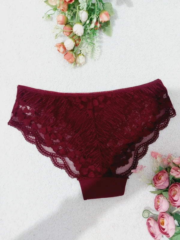 Set of 3 ladies panties, burgundy, green, salmon pink, cotton and stretch lace