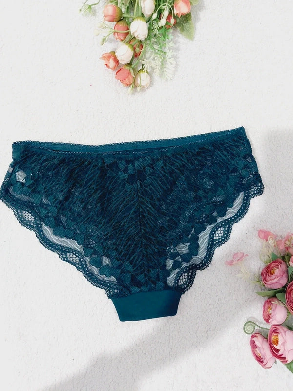 Set of 3 ladies panties, burgundy, green, salmon pink, cotton and stretch lace
