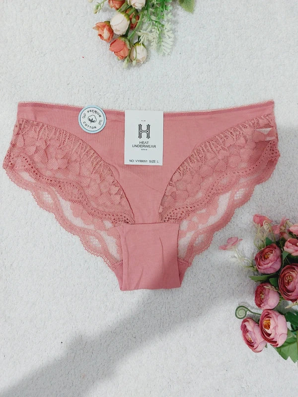 Set of 3 ladies panties, burgundy, green, salmon pink, cotton and stretch lace