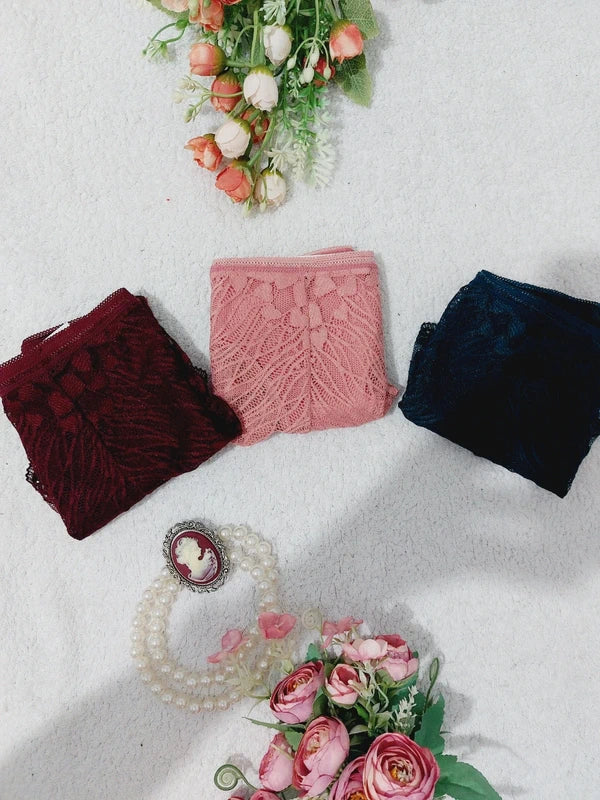 Set of 3 ladies panties, burgundy, green, salmon pink, cotton and stretch lace